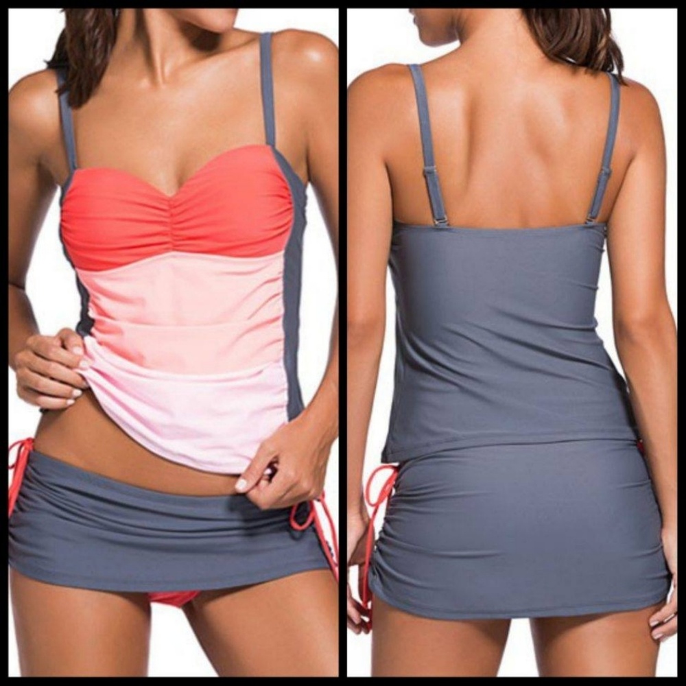 2 piece Pink, Orange, and Gray Tankini Swim Suit
